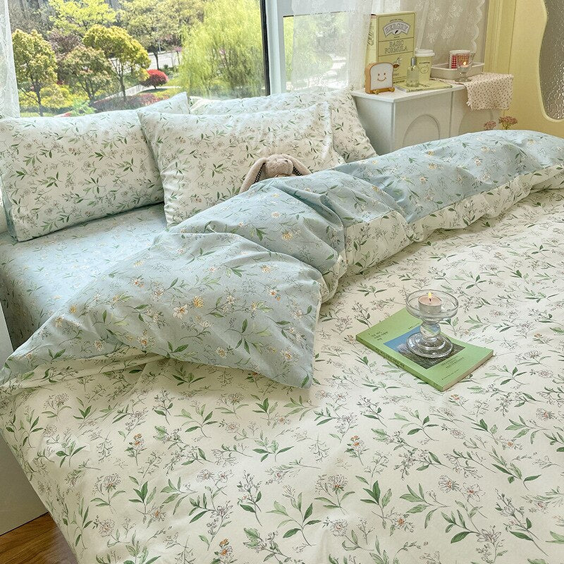 Flowering Plant Print Queen Bedding Set Cotton Soft Comfortable Duvet Cover Set with Sheets Skin Friendly Comforter Bedding Sets