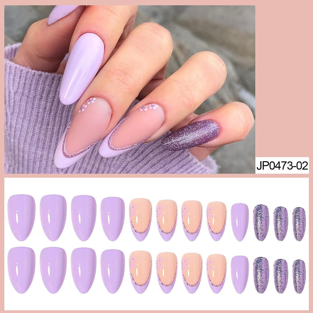 Simple French Wearable False Nails Almond Colorful Stripes Colorblock Design Manicure Fake Nails Line Full Cover Press On Nail