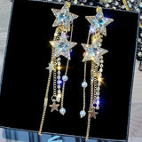 Exquisite Temperament Star Crystal Tassel Drop Earrings for Women Shiny Zircon Star Moon Imitation Pearl Earring Wedding Jewelry