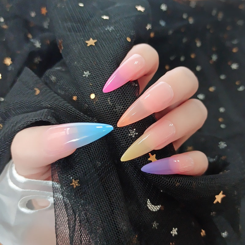 24Pcs False Nails With Glue Almond Pink Butterfly Design Detachable Rhinestones Acrylic Fake Nails long stiletto Press On Nails