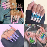 1Box-24PC Square Long Coffin Wearable Nail Tip Butterfly,Graffiti,French Lines,Grimace Press On Nail DIY Art Tips With Glue Part