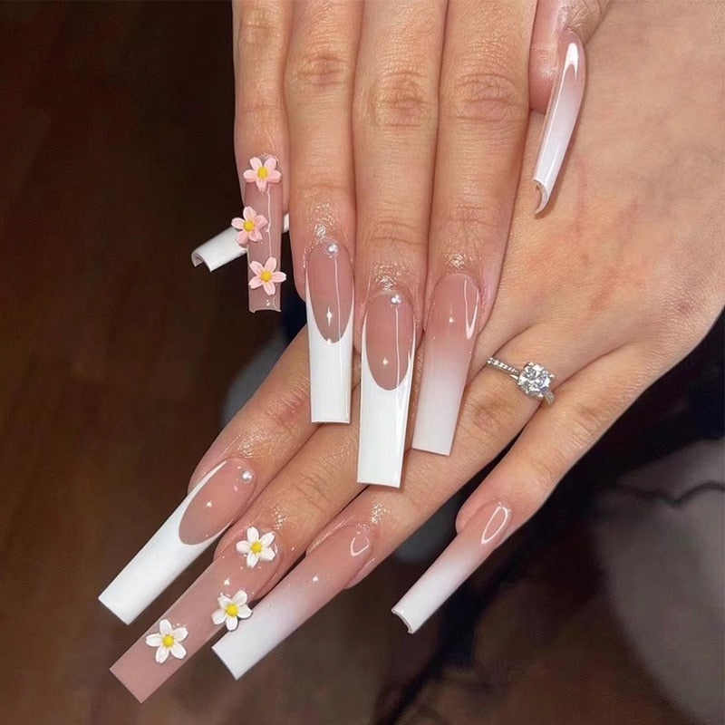 24pcs Long Coffin Acrylic Fake Nails Wearable Ballerina Rhinestone Butterfly Glitter Full Cover Nail Tips Set Press On Nails New