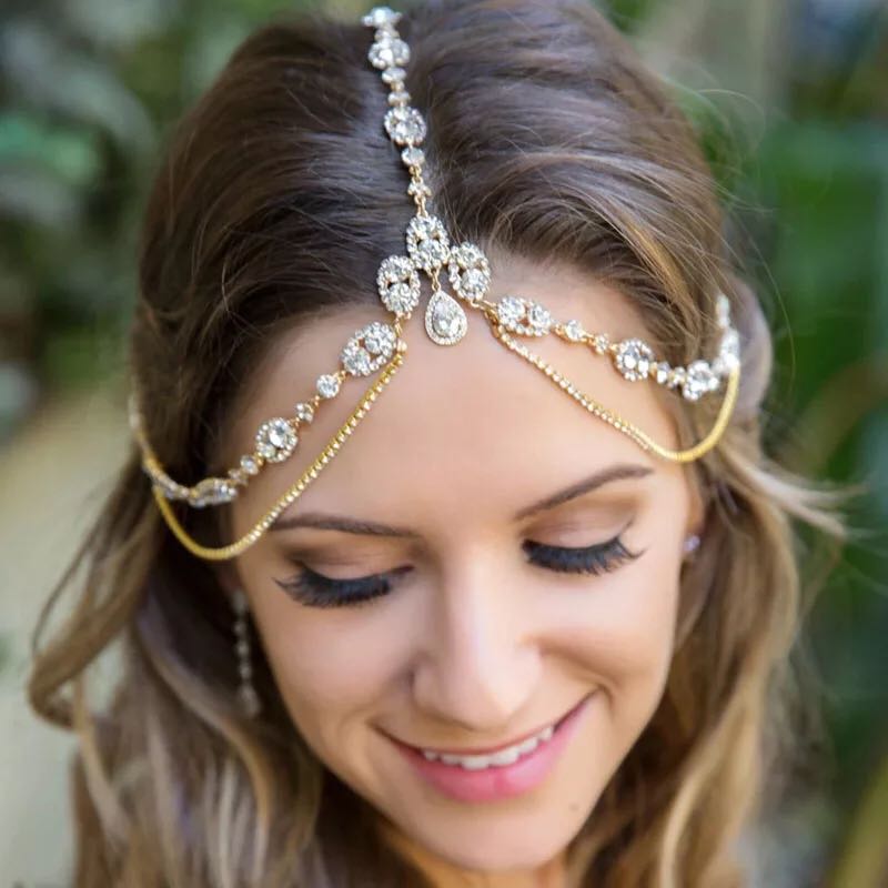 Crystal Forehead Headband Wedding Bridal Hair Chain Headpiece for Women Rhinestone Waterdrop Head Chain Headwear Hair Jewelry