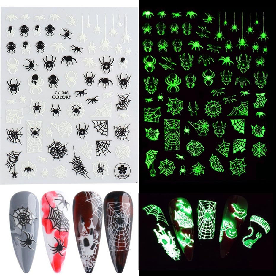 Fluorescence Halloween Nail Sticker Spider Web Skull Snake Glowing in the Dark Christmas Luminous 3D Adhesive Slider SACY046-054