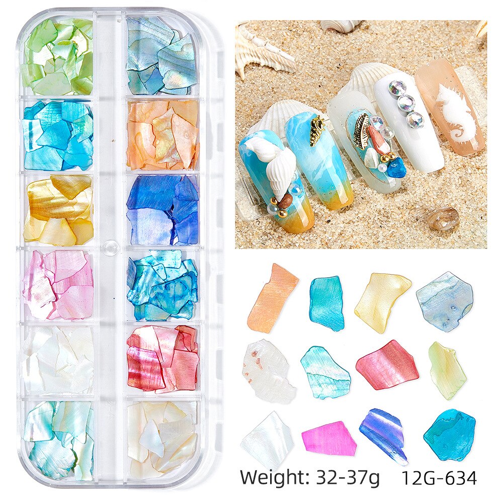 12Grids/Box Summer Marine Natural Nail Charm Design Summer Real Natural Starfish;Shell,Conch, Nail Art Rivet Decoration 2022GU#