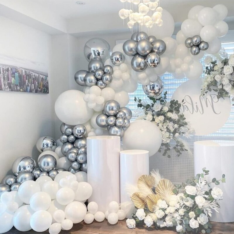 139pcs Latex White Balloon Arch Kit Silver Balloons Garland For Baby Baptism Birthday Wedding Bachelor Party Decoration