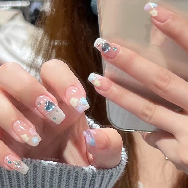 24pcs Butterfly decorated false nails Removable Long Paragraph Fashion Manicure fake nail tips full cover acrylic for girls nail