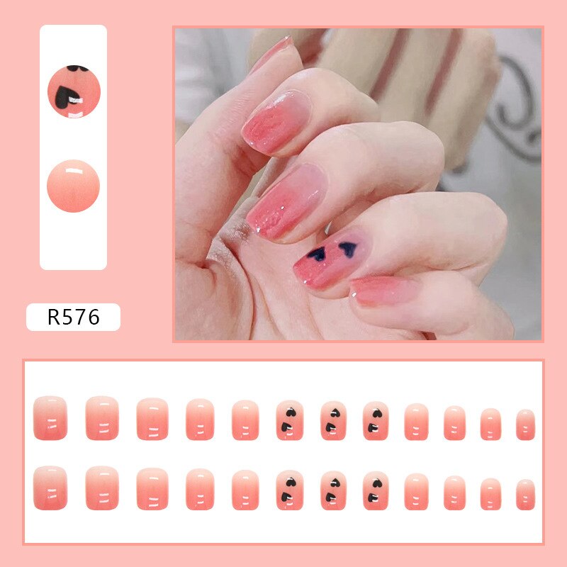 24Pcs/Set Short False Press on Nail Tip with Glue Designs Detachable Reusable Fake Nails with Glue Stick-on Nail Art DIY Tips