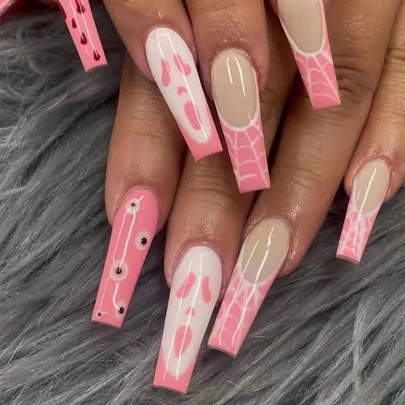 Pink Cow Design False Nail French Full Cover Long Coffin Fake Nails Glue DIY Manicure Nail Art Tools press on nails nail tips