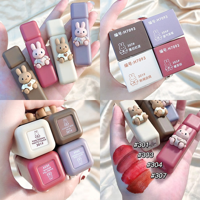 Cartoon Cute Sexy Red Matte Lip Gloss Velvet Liquid Lipstick Lasting Chestnut Mud Lip Mousse Non-stick Cup Lip Tint Clay Makeup