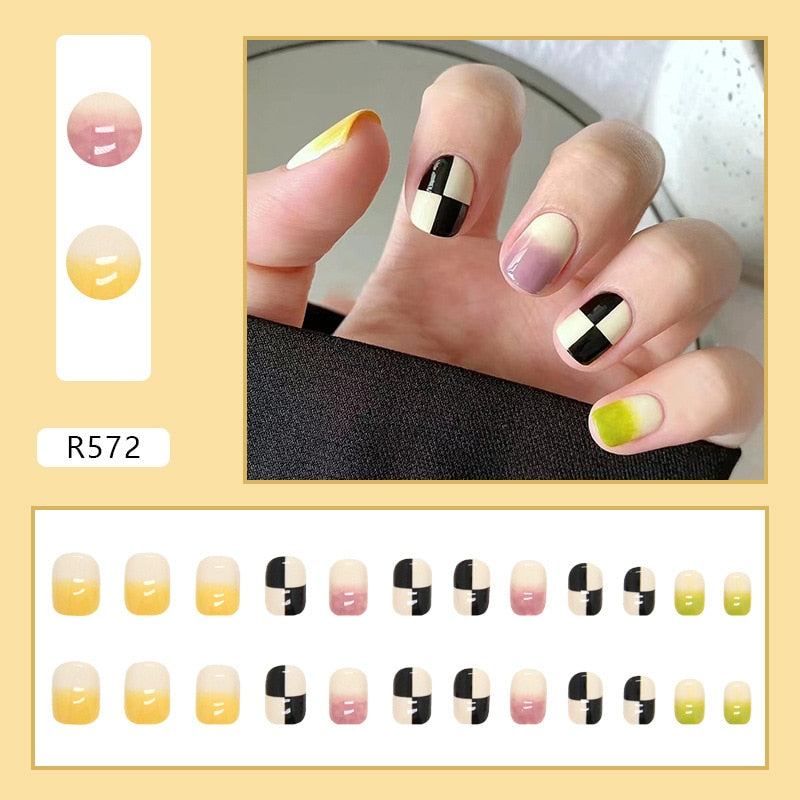 24Pcs/Set Short False Press on Nail Tip with Glue Designs Detachable Reusable Fake Nails with Glue Stick-on Nail Art DIY Tips