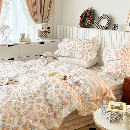 100% Cottom queen bedding set Romantic printed rose ruffle pink bedding set princess home textile linen bed sheet set twin size