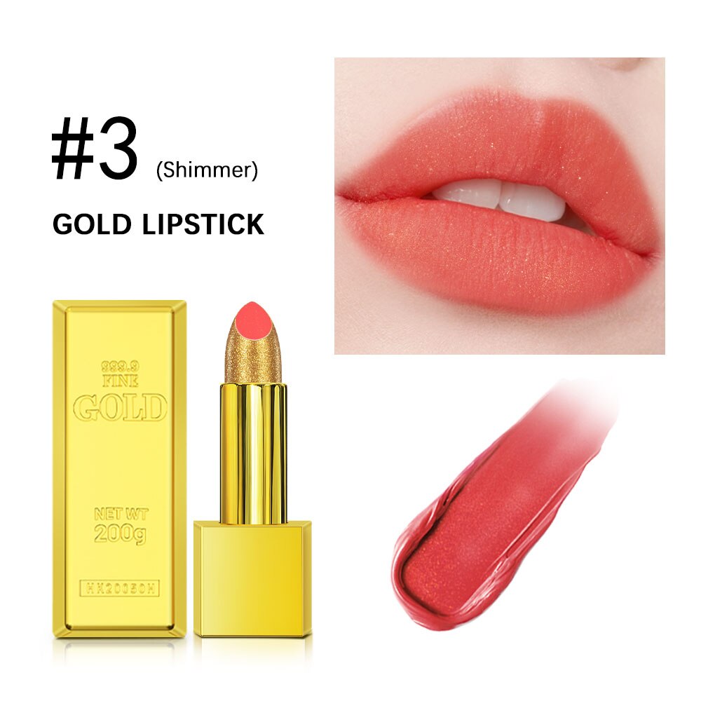 Glitter Gold Matte Lipstick Waterproof Long Lasting Diamonds Lipstick Non-stick Cup Pearl Red Pink Lip Tint Lips Makeup Cosmetic