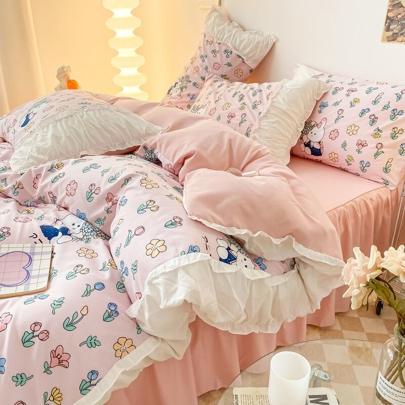 INS Princess Style Flower Bedding Set Duvet Cover With Ruffle Lace Bed Sheet Pillowcases Kawaii Girl Woman Bedroom Home Textiles