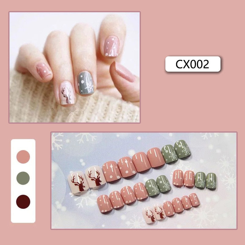 24pcs/box Fake Nails Press on Short Reusable with Designs Set French Artificial Pink kawaii False Tipsy Stick-on Nails Tips Art