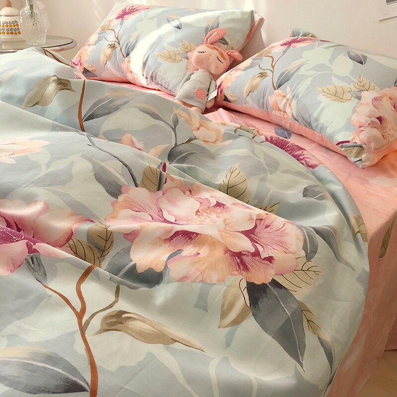 Vintage 100% Cotton Bed 4PCS Set of Textile Supplies Floral Luxury Pillowcase Sheet Quilt Cover 200x230cm Double Bed Single Bed