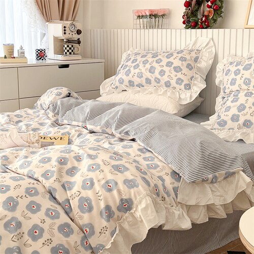 100% Cottom queen bedding set Romantic printed rose ruffle pink bedding set princess home textile linen bed sheet set twin size