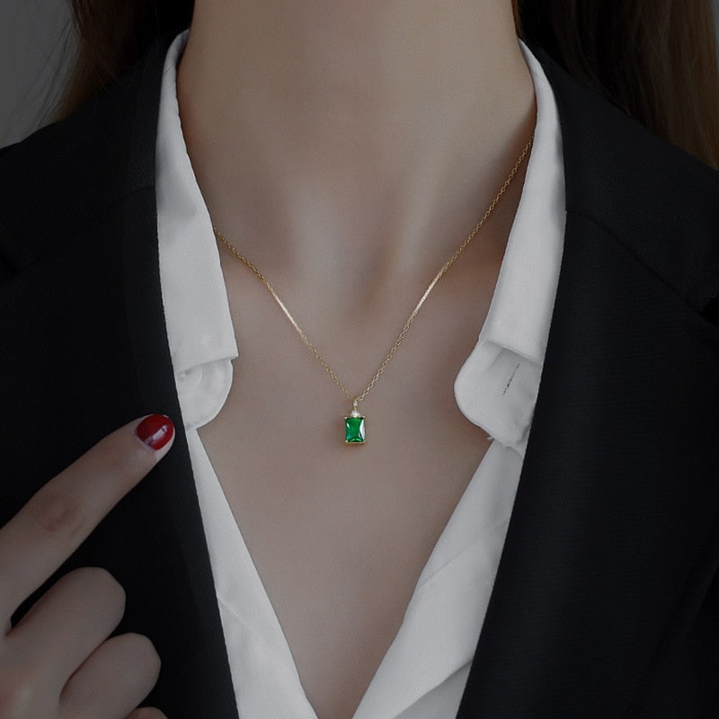 Gold Color Simple Green Zircon Choker Shiny Pendants Necklaces Girl For Gift Fine Jewelry NK143