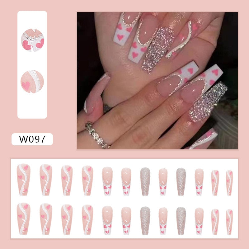 24Pcs Pink-Heart Flashing Silver Glitter Fake Nail Tips Long Coffin False Press On Nail Tips Wearable Stick Nails Kit With Glue