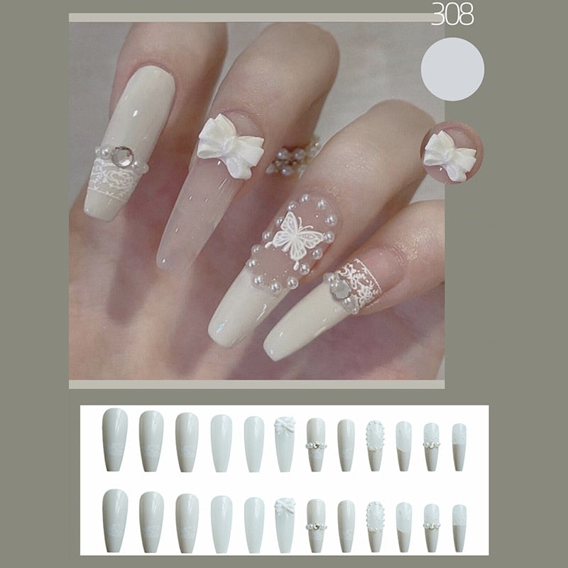 24pcs False Nails Nude Gradient Nail Patch Rhinestone Inlaid Press On Nails Removable Long Paragraph Fashion Manicure nail tips