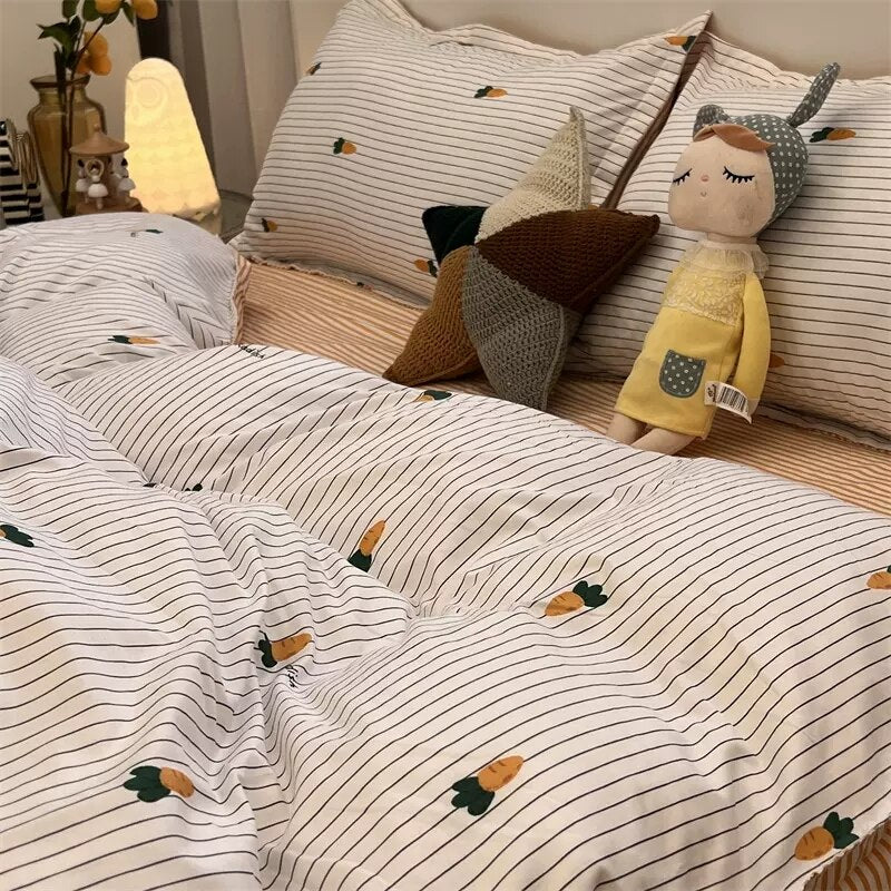 Ins Cartoon Sheep Flowers Bedding Set Duvet Cover Soft Queen King Size Flat Bed Sheet Quilt Cover Pillowcase Kawaii