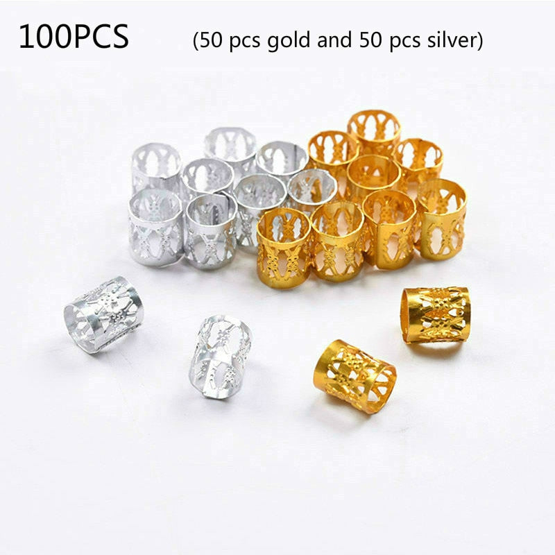 100pcs Adjustable Hair Braids Dreadlock Beads Gold and Silver  Beads Hair Braid Rings Cuff Clips Tubes Jewelry