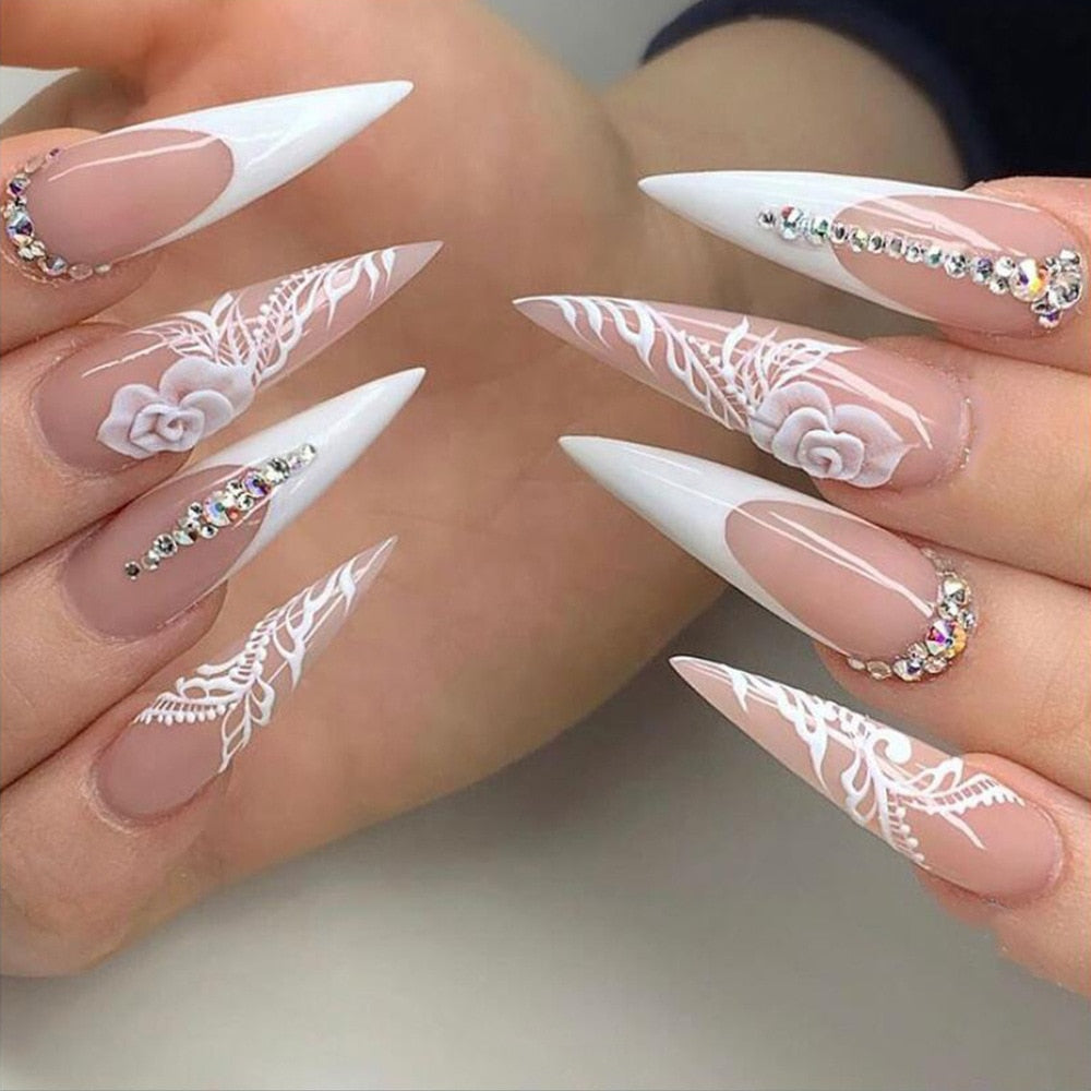 24Pcs False Nails With Glue Almond Pink Butterfly Design Detachable Rhinestones Acrylic Fake Nails long stiletto Press On Nails