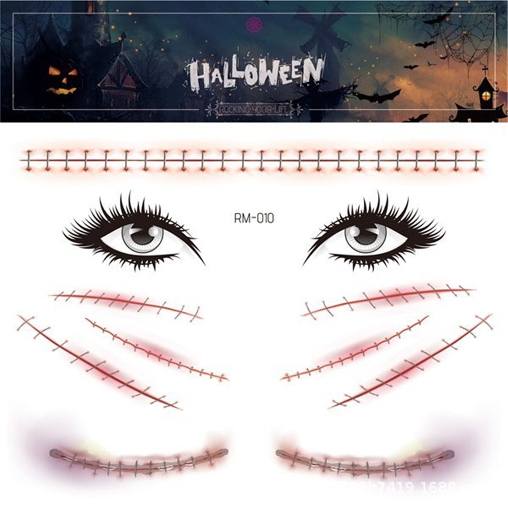 1set Halloween Tattoo Sticker for Face Fake Eyes Mouth Blood Scar 3D Spider Web Pattern Halloween Scary face sticker