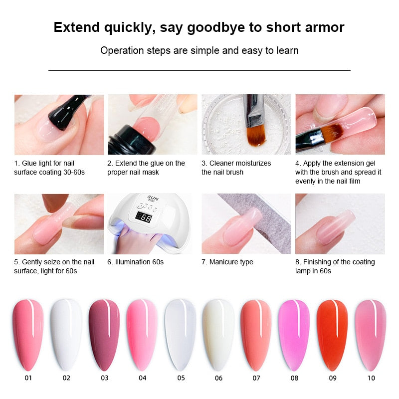 Poly Nail Gel Kit UV LED Nail lamp Nail Extension Gel Glitter Soak Off Varnish Nail Art Set with Slip Solution Manicure Tools