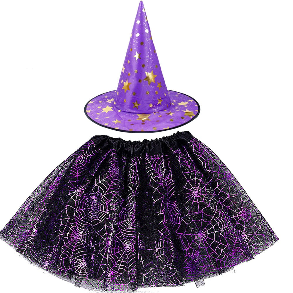 Halloween Costume for Kids Girls Spider Web Tutu Cobweb Skirt Witch Wizard Hat Tulle Carnival Birthday Party Outfits Festival