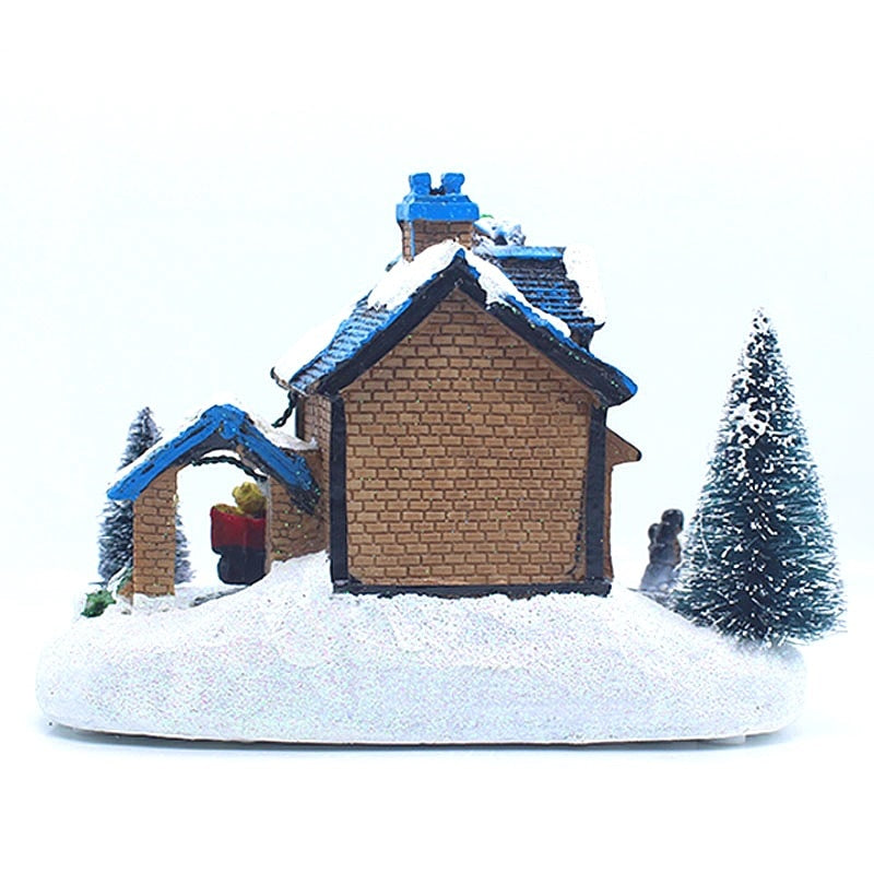 Christmas Village Santa Claus Ornaments with LED Light Xmas Tree Small Train Snow Scene House Statue Decoration Home Crafts Gift