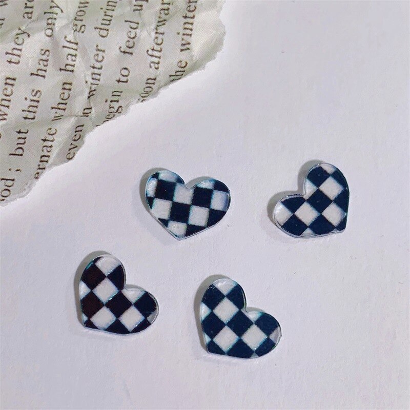 10pcs Chess&Heart Resin Nail Charm Transparent 6Color Black White Plaid/Checker Board Loving Heart Shape Nail Decorations #TY7-1