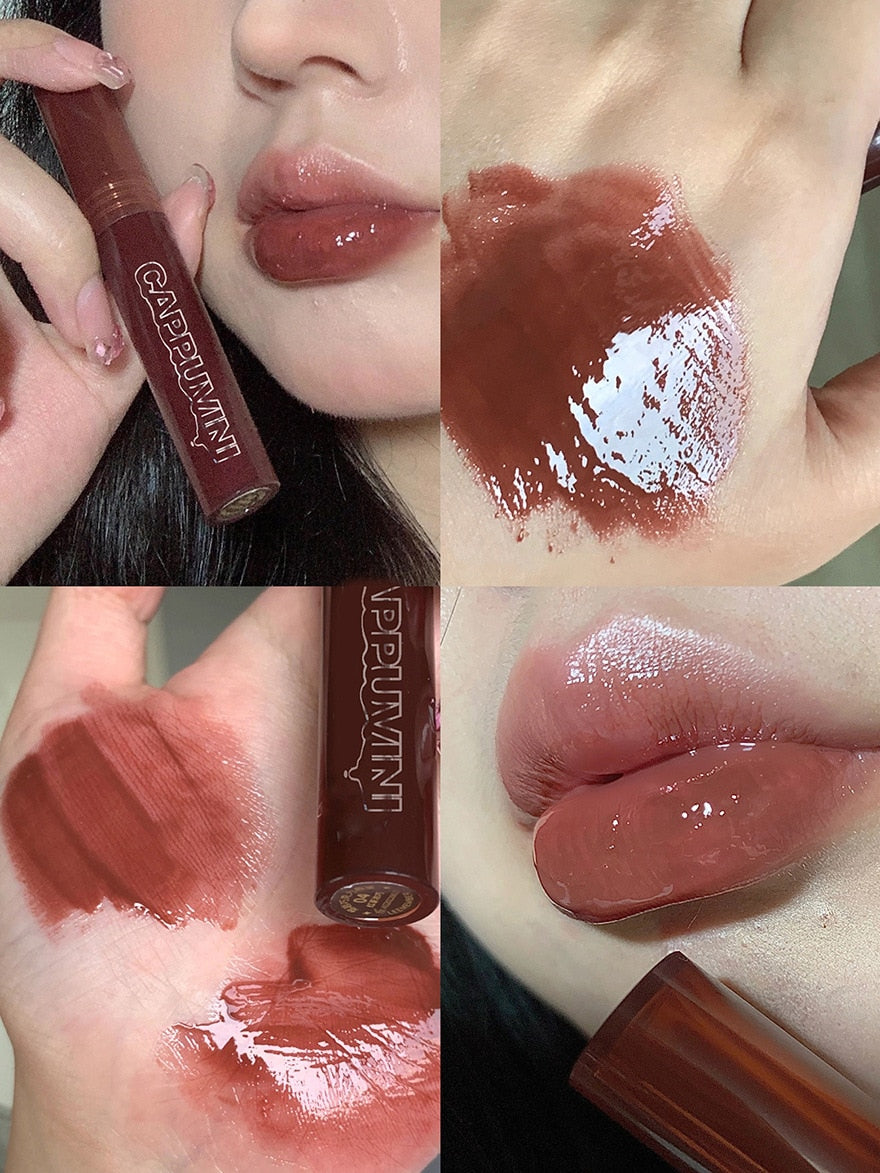 Punk Dark Brown Mirror Water Lip Gloss Red Lip Glaze Transparent Glass Lip Oil Waterproof Liquid Lipstick Nude Clear Tint Makeup