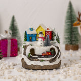 Christmas House Village Music Led Glow Rotating Train Snowman Santa Building Cabin Resin Crafts Xmas Holiday Ornament Home Decor
