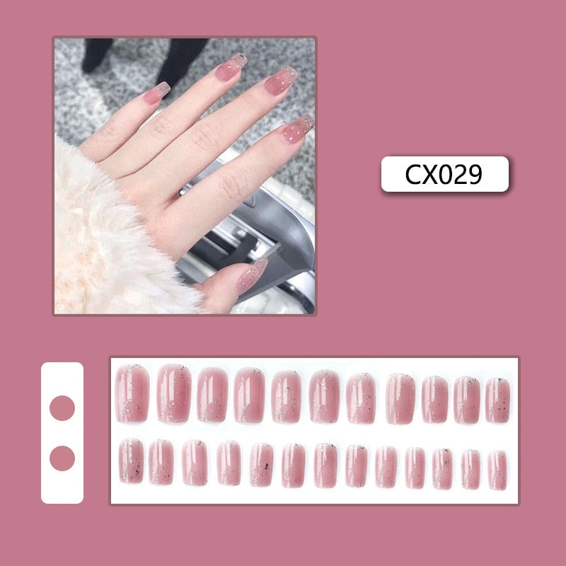 24pcs/box Fake Nails Press on Short Reusable with Designs Set French Artificial Pink kawaii False Tipsy Stick-on Nails Tips Art