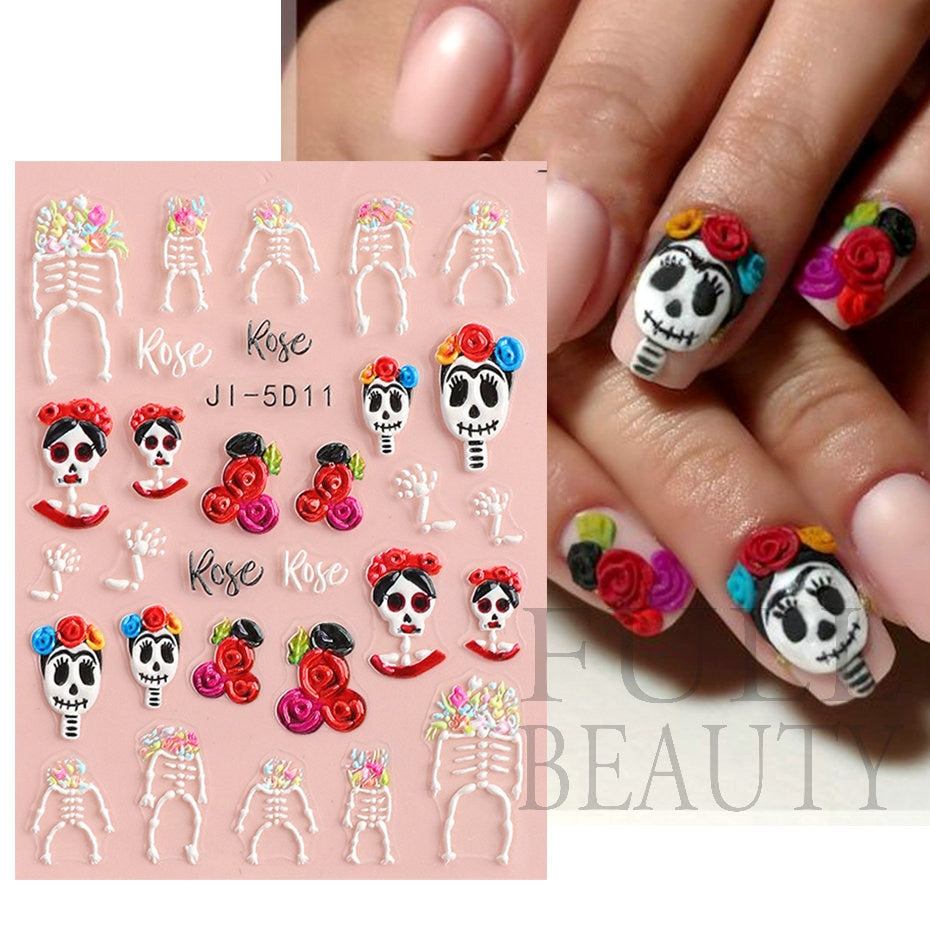 5D Carved Skull Halloween Stickers For Nails Rose Ghost Bones Decals Embossed Skeleton Blood Manicure Adhesive Sliders NLJI-5D11