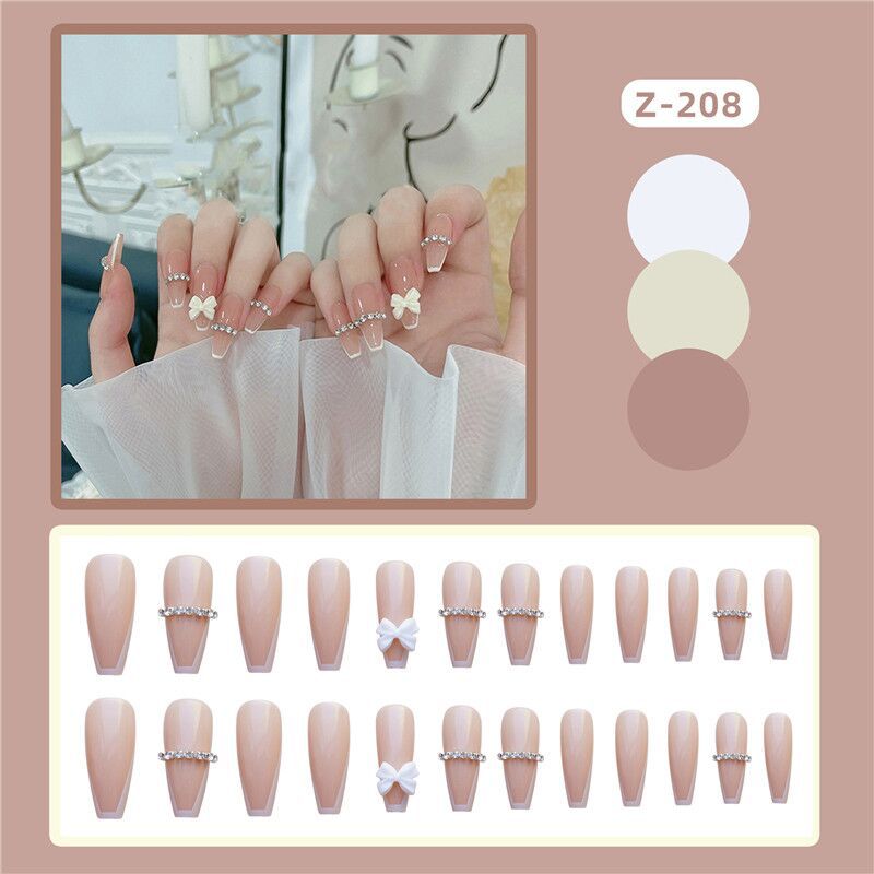 24pcs False Nails Nude Gradient Nail Patch Rhinestone Inlaid Press On Nails Removable Long Paragraph Fashion Manicure nail tips