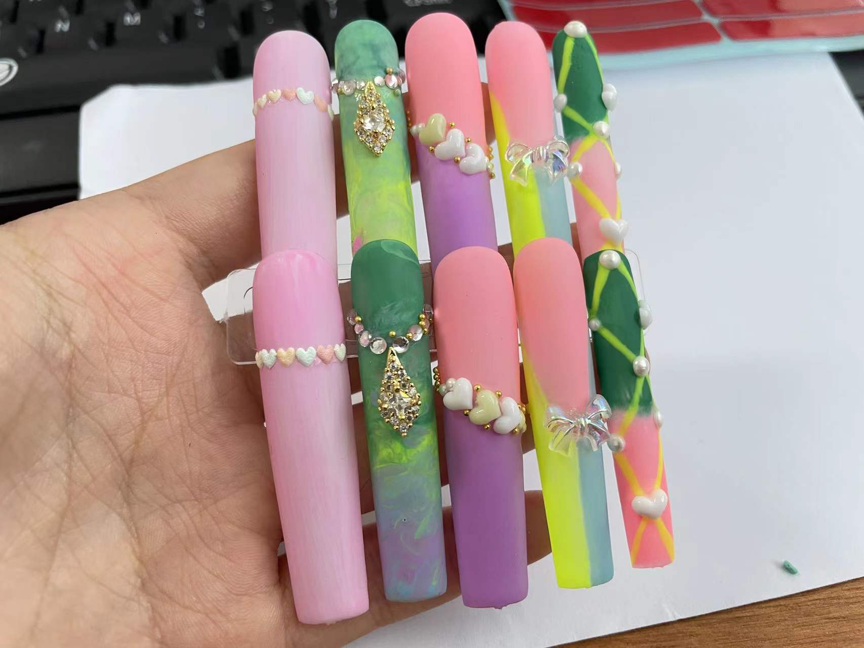 1Box Pure Hand-Make Wears Long Nail Tip Rainbow,Cherry,Flame Designs Fake False Tips Press On Stick Nails(Customized By Picture)