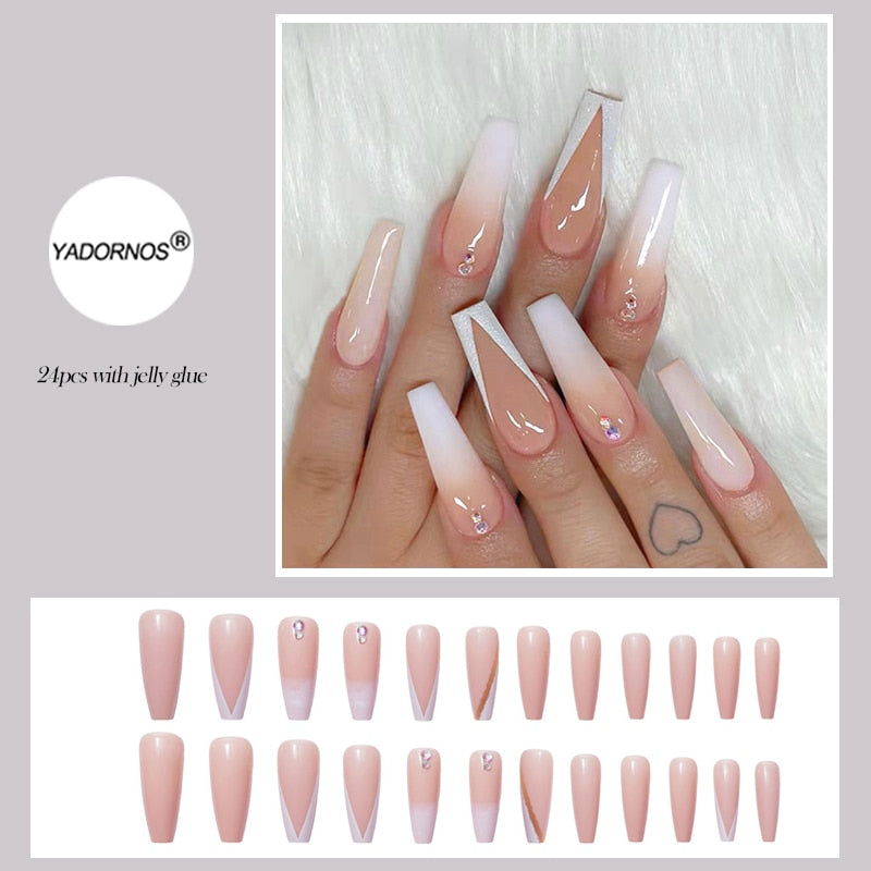 24pcs False Nails Nude Gradient Nail Patch Rhinestone Inlaid Press On Nails Removable Long Paragraph Fashion Manicure nail tips