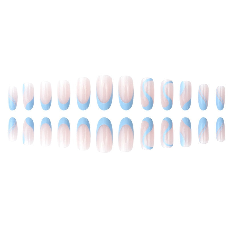 24Pcs Long Round Head Press On Nail Art Seamless Removable Fake Nails With Glue Ballet Coffin Wearing Blue Reusable False Nails