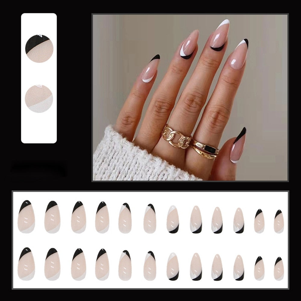 Simple French Wearable False Nails Almond Colorful Stripes Colorblock Design Manicure Fake Nails Line Full Cover Press On Nail