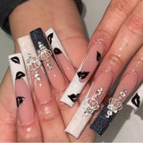 1Box Crown Rhinestone False Nails + Black Lip Print Design With Glue Decoration Press On Nails Manicure Long Wearing Tips 24PCS