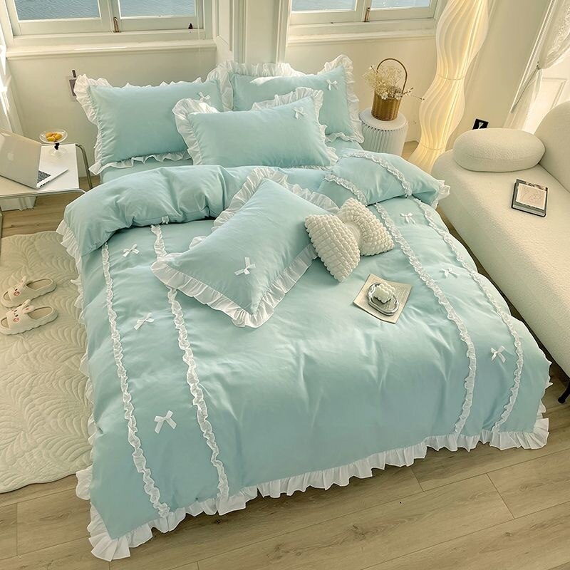 Korean Princess Style Bedding Sets Ins Lace Bowknot Duvet Cover Fitted Sheet For Girl Woman Home Bedroom Kawaii Bed Linens