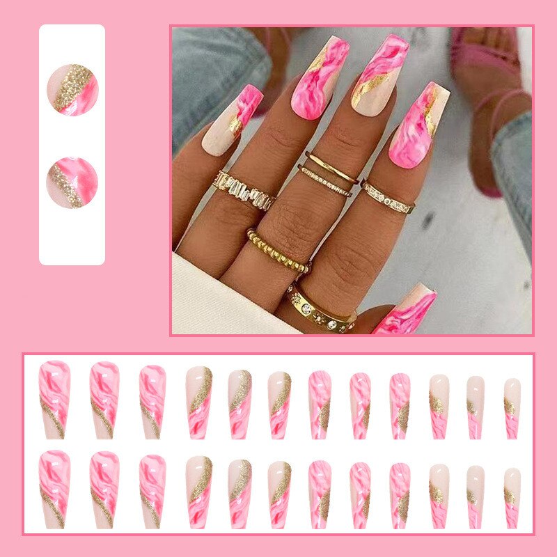 24Pcs Mid-length Fake Nails with Butterfly Design Almond Wavy Lines False Nails Wearable Press on Nails Full Cover Nail Tips