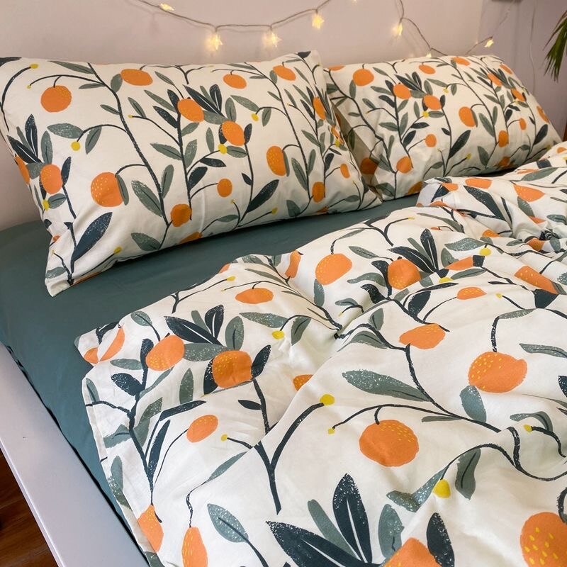 100%Cotton Bed Set IG Style  Four Set Series Bed Sheet Duvet Cover Bed Sheet Pillow Cover Morden Soft  Fruit Orange Printing