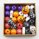 10pcs Halloween Skull Wooden Bead Pumpkin Spider Web Witch Round Loose Beads DIY Crafts Decoration Halloween Holiday Accessories