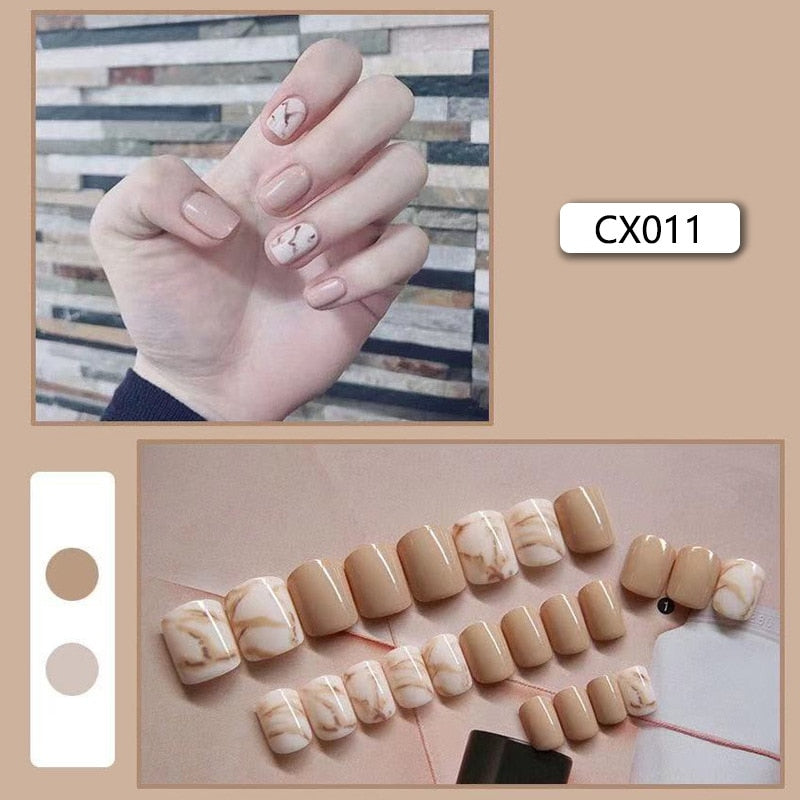 24pcs/box Fake Nails Press on Short Reusable with Designs Set French Artificial Pink kawaii False Tipsy Stick-on Nails Tips Art