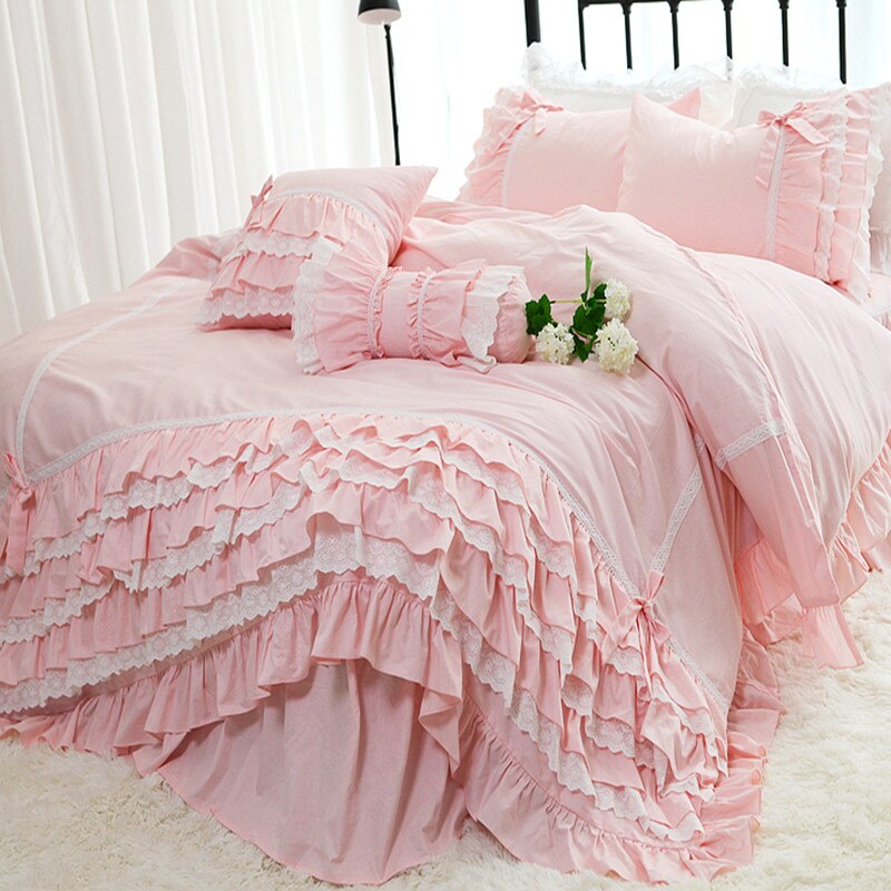 Bedding set cotton Romantic Linens Ruffle lace bedding set rose print duvet cover set princess cotton queen bedding set sheet