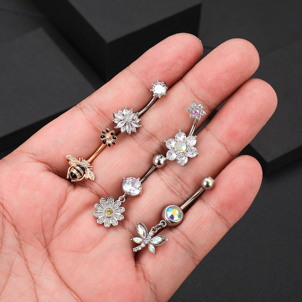 1 Piece Surgical Steel Bee Dragonfly Sunflake Snowflake Navel Ring Sexy for Women Zircon Navel Ring Navel Nail Piercing Jewelry