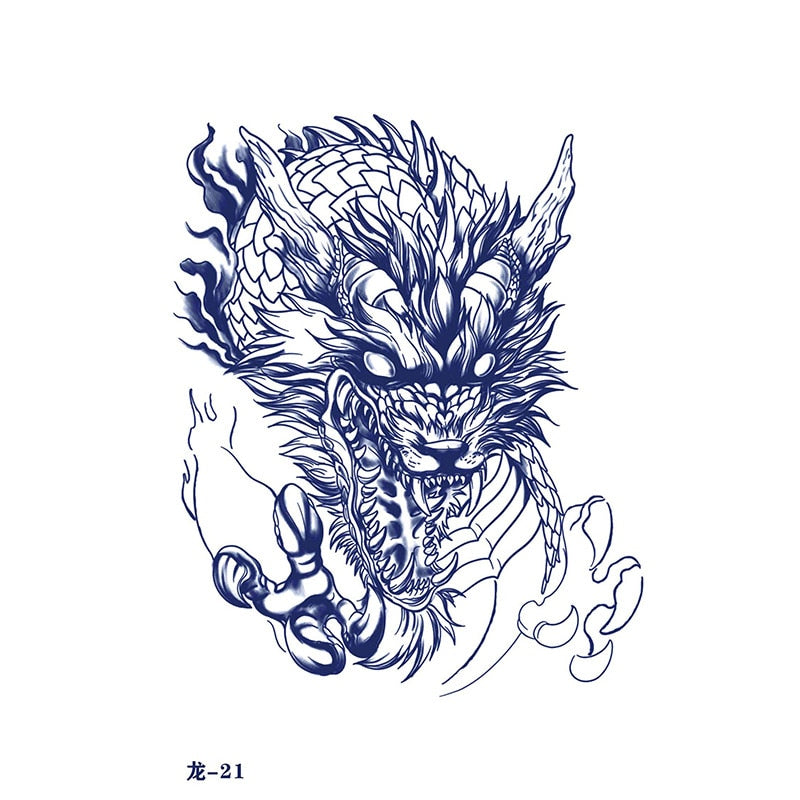 Waterproof Temporary Tattoo Sticker Japanese Style Black White Flame Dragon Body Art Fake Tattoo Flash Tattoo Arm Female Male